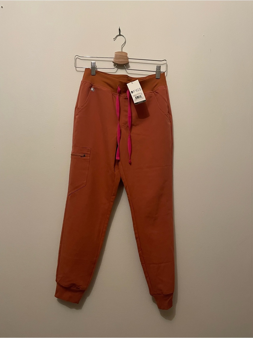 FIGS Scrubs, Orange with Pink Drawstring